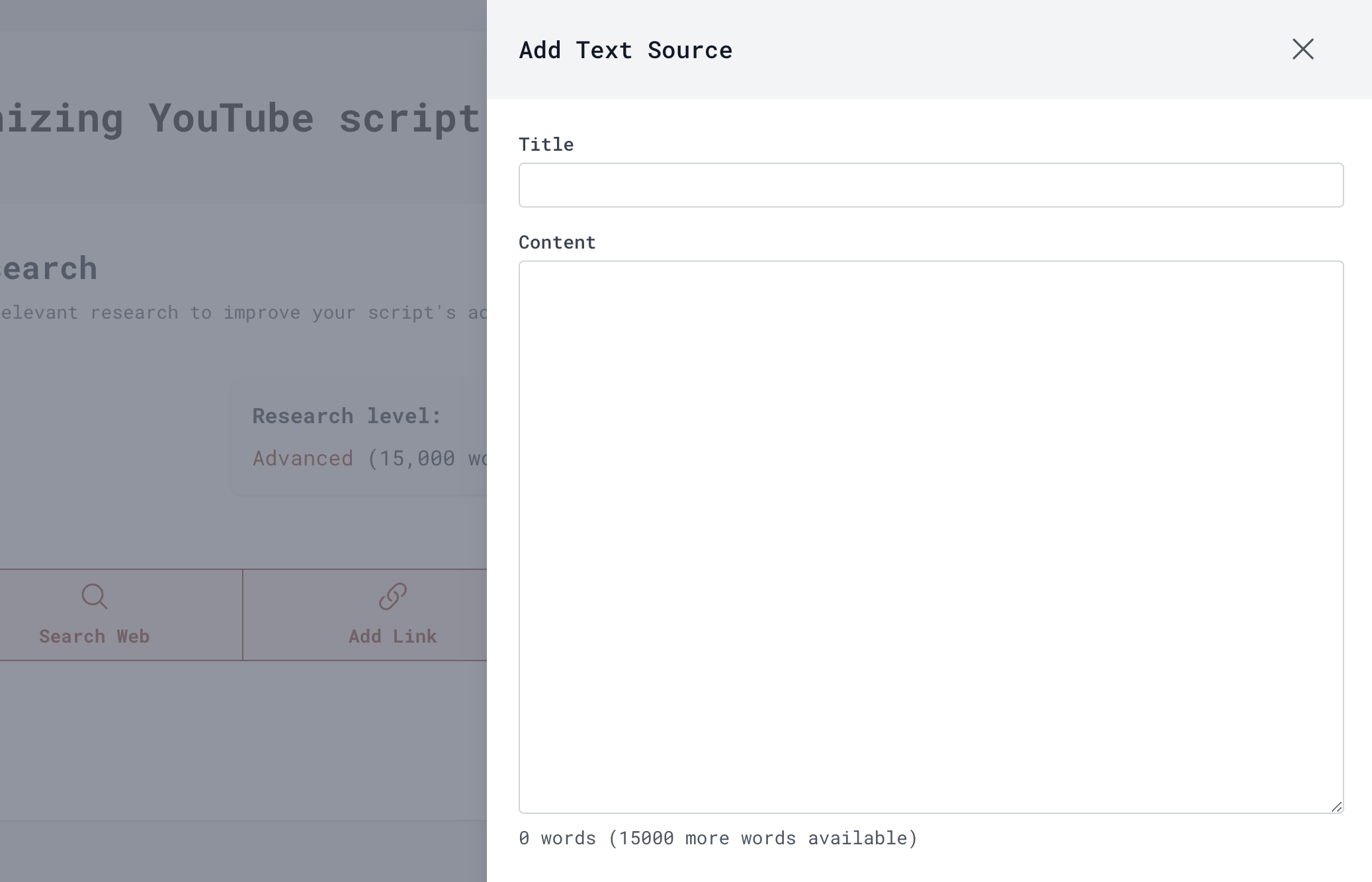 An interface in Subscribr to add text source